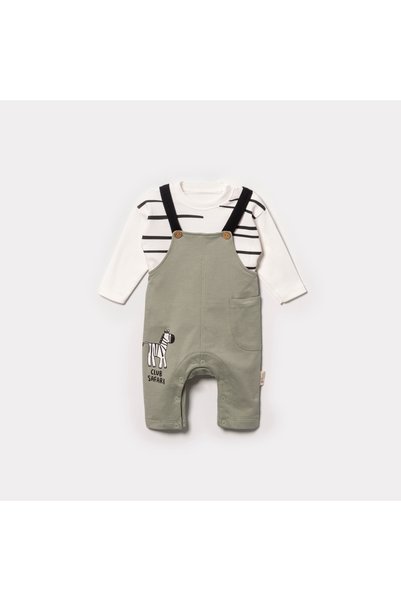 vovido kids Erkek Bebek Zebra Baskılı Cepli Salopet ve Çizgili Uzun Kollu 2'l...