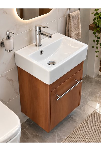 AKADEMİK BANYO 37,5 cm Mini Lavabolu Banyo Dolabı Kiraz Renk Asma Model Küçük...