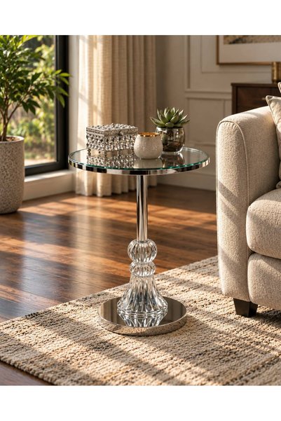 TrentonGCC Modern Round Glass Side Table with Decorative Pedestal – 57 × 35 cm