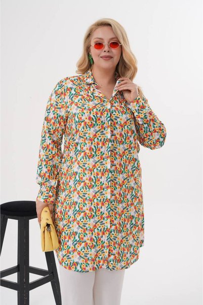 Polologin Butik Renkli Çiçek Desenli Düğmeli Uzun Kollu Kadın Tunik