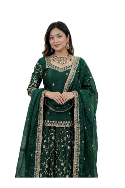 MYSMAR Green Fendy Silk Embellished Sharara Suit Set - HRT101011 | Green-Size...