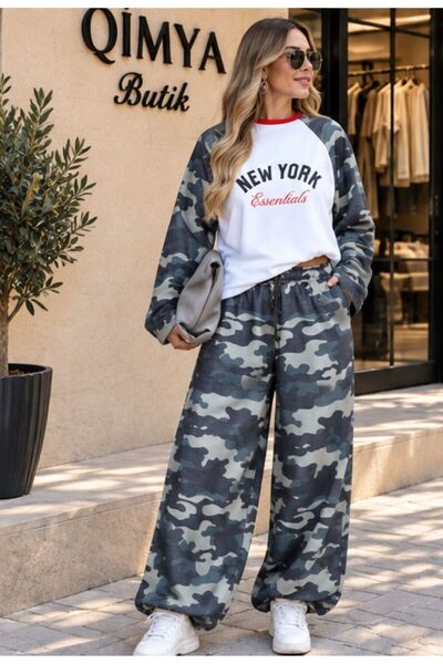 QİMYA BUTİK Buketli̇ Women's Camouflage Sweatshirt with Sleeves and Elastic W...