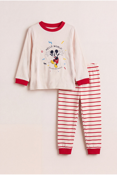 Lilabio Kırmızı Çizgili Mickey Mouse Baskılı Pijama Takımı