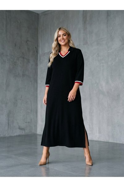 Koza Butik فستان نسائي كبير الحجم بفتحة رقبة على شكل حرف V وأكمام طويلة وتفاصيل مشقوقة 5479-27