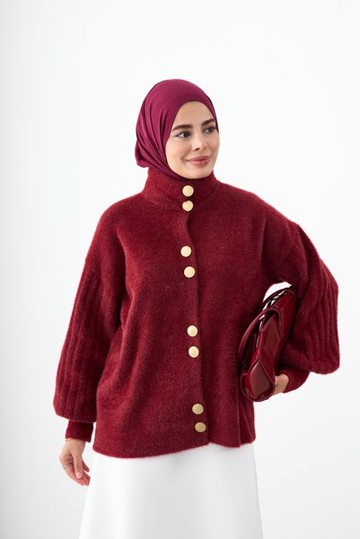 LOCCO Cardigan de damă cu detaliu pliat, cu nasturi aurii, culoare burgundy