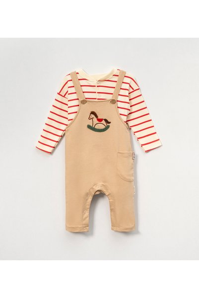 vovido kids Erkek Bebek Sallanan At Nakışlı Salopet ve Çizgili Uzun Kollu 2'l...