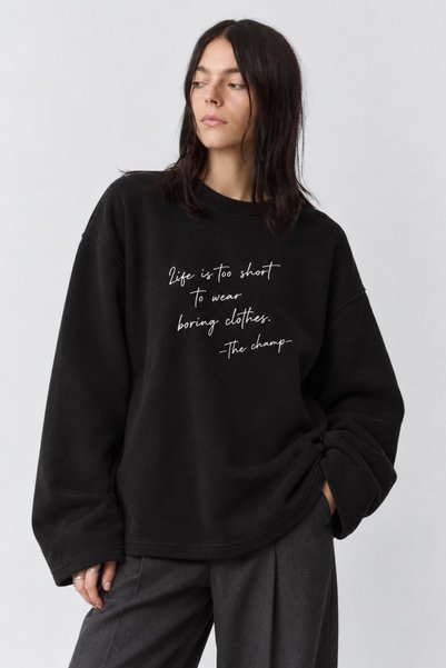 The Champ Clothing Women's Relaxed Fit Sweatshirt Life Is Too Short Printed Black – Crew Neck, 3 Thread Without Ruffles