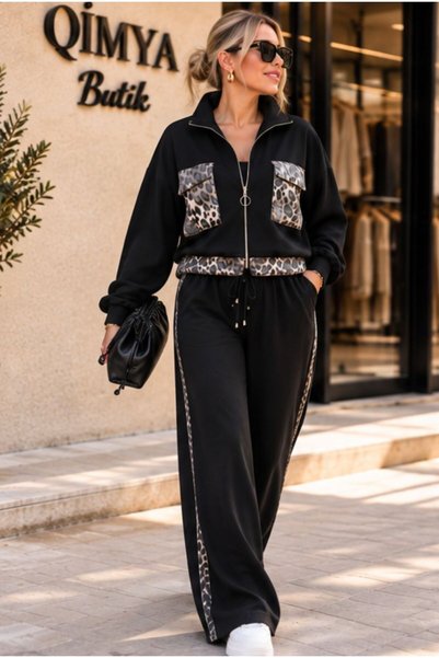 QİMYA BUTİK BUKETLİ Set din două piese pentru femei, cu fustă cu buzunare, pantaloni cu model leopard din organza și top
