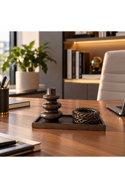 Handyol El Yapımı Bronz Görünümlü Vazo ve Mumluk Seti, Tepsili Modern Minimal...