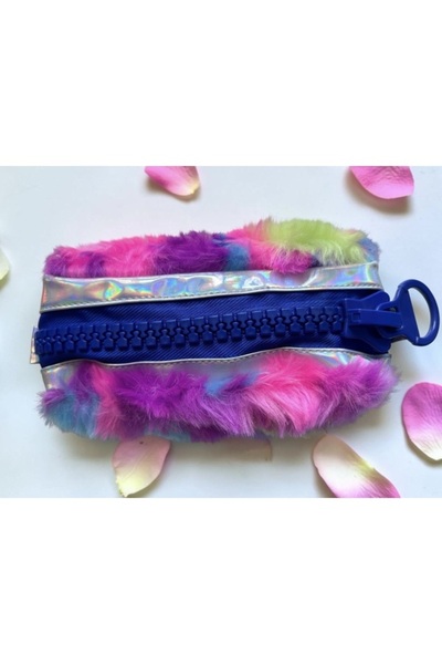 Renkli Peluş Kalemlik – Holografik Detaylı Büyük Fermuarlı Kalem Çantası - Makyaj Çantası - Awen Stationery