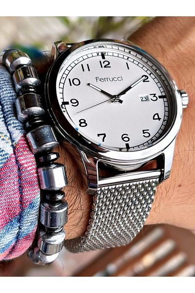 Ferrucci Silver Color Metallic Dial Classic Wicker Men's Wristwatch + Hematite Natural Stone Bracelet Gift