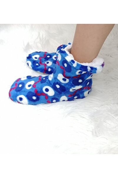 KorseShop Kışlık Mavi Nazar Boncuğu İpeksi Kalın Peluş Panduf