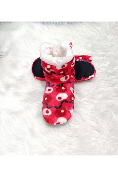 KorseShop Kışlık Kırmızı Ipeksi Bayan Kalın Peluş Panduf Botu Patik Ev Ayakkabısı Botu Yumuşak Taban