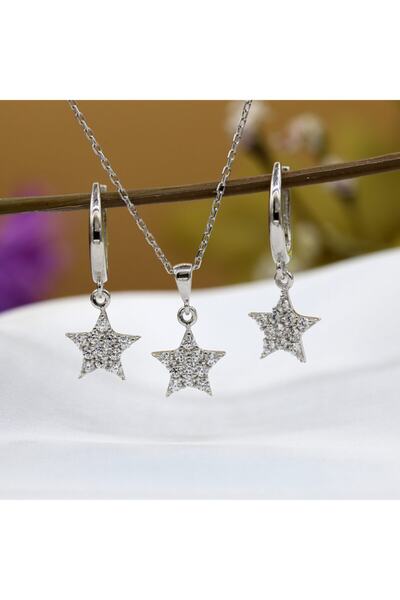 Takı Boom Beyaz Taşlı Minimal Yıldız Gümüş Kolye Küpe Takım