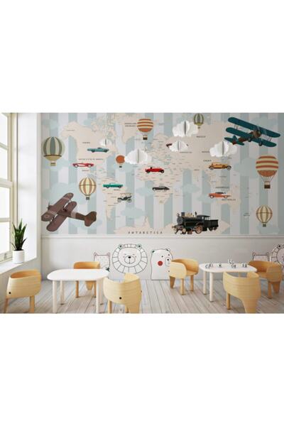 Duvar Kağıdı Marketi Araba Ve Uçak Desenli Çocuk Haritası 3d Duvar Kağıdı