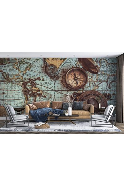 Duvar Kağıdı Marketi Eski Pusula Ve Harita Desenli 3d Duvar Kağıdı