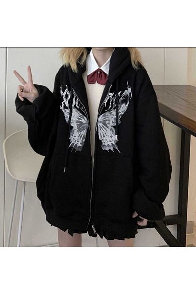 Köstebek Harajuku Touz Butterfly Μαύρη κουκούλα Unisex με φερμουάρ