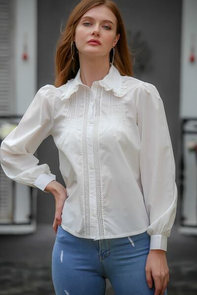 Chiccy Women's Ecru Neck Scalloped Stripe Ribbed Stitched Shirt M10010400gm99356