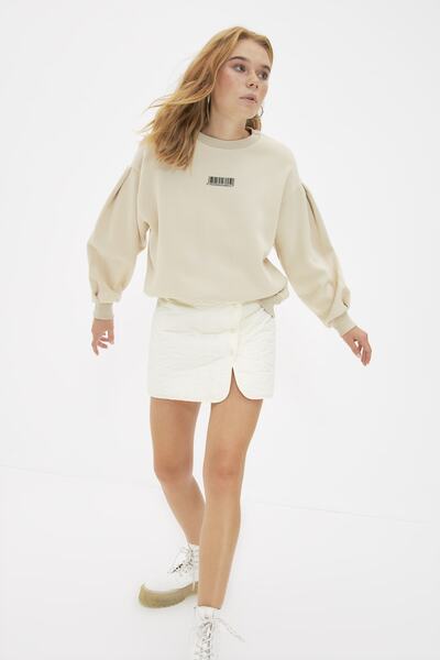 Trendyol Collection Stone Thick Inside Fleece Minimal Potištěný Balónový rukáv Pletená mikina TWOAW22SW1864