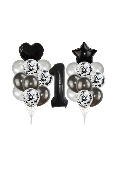 Dipak مجموعة بالونات سوداء/فضية اللون لعمر سنة واحدة