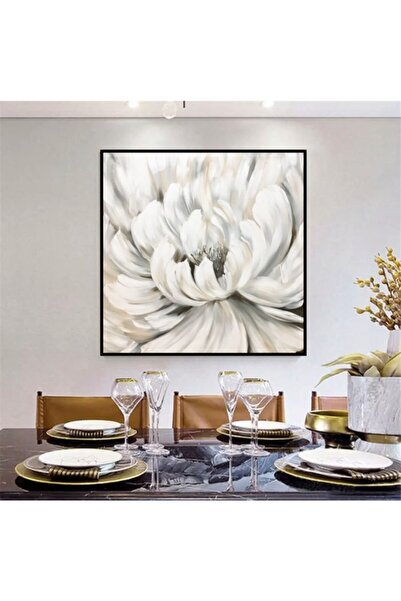 Markazip Siyah Metal Çerçeveli Beyaz Çiçek Kanvas Tablo 90x90cm Kod: Sp2007-k-s