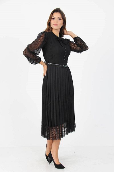 Neşeli Butik Rochie clopot pentru femei - cu curea, plisată și detaliu cu nasturi Apcx09