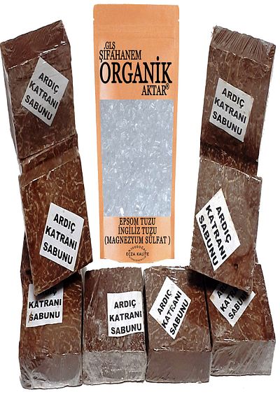 GLŞ ŞİFAHANEM ORGANİK AKTAR صابون قطران العرعر محلي الصنع 250 جرام + ملح إبسم 100 جرام
