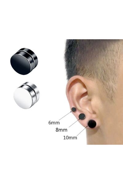 Market66 Silver Gray Color Flat Round Magnet Men's Single Earring 8mm Magnet Steel Magnetic