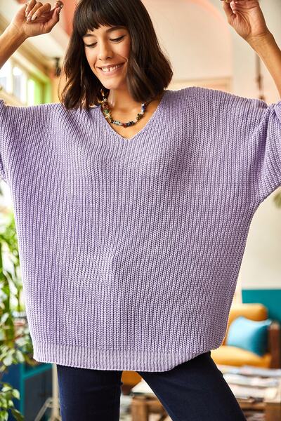 Olalook V Yaka Selanik Örgü Oversize Triko Kazak