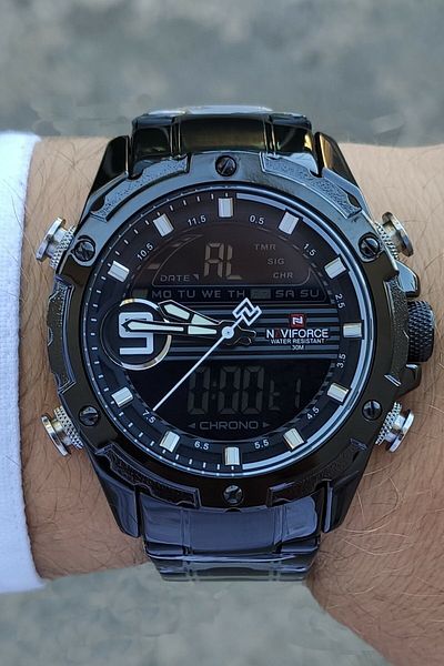 Naviforce Men's Wristwatch - Black Steel, Case and Cord Alarm, Digital Analog with Stopwatch