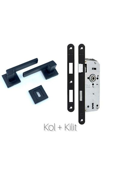 ARON Lux Anka (ROOM TYPE) Matte Black Square Rosette Door Handle Door Lock Set of 2 Aluminum / Steel