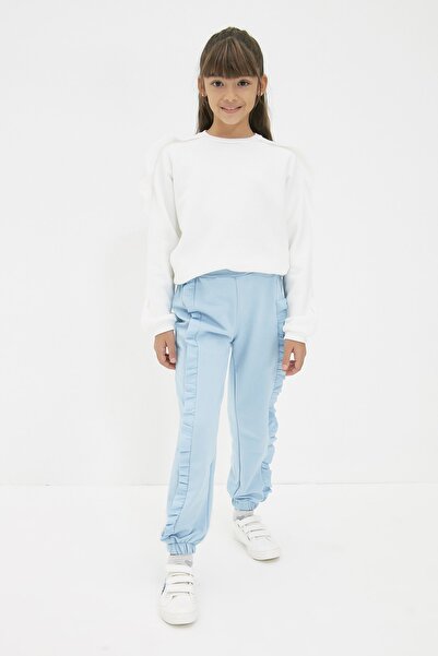 TRENDYOLKIDS Light Blue Ruffle Detailed Girl's Knitted Thin Sweatpants TKDAW22EA0102