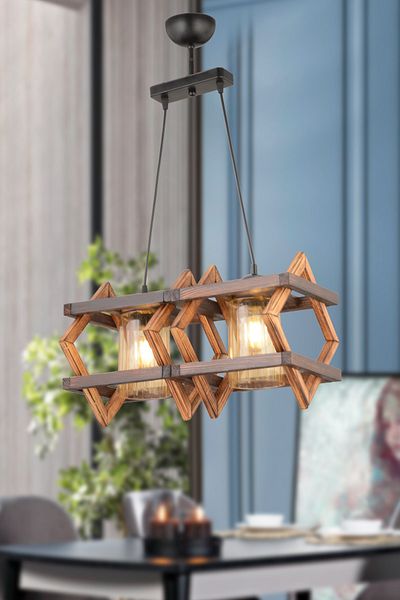 BCD TASARIM AYDINLATMA Bidolushop Double Wooden Pendant Lamp Chandelier