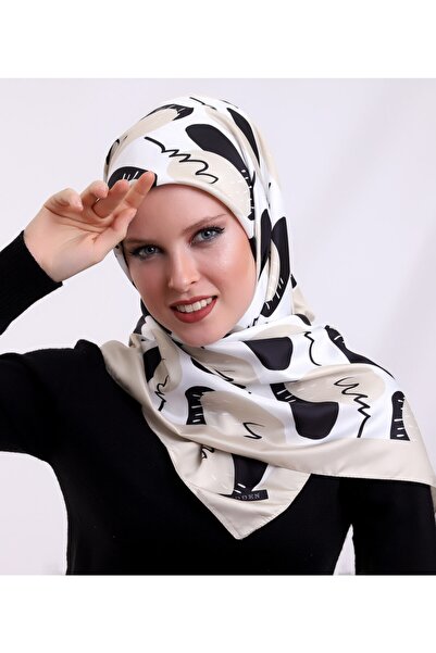 Desenli Krem Renkli Saten Polyester Eşarp