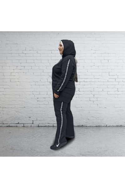 CNG MODA Large Size Black Tracksuit Set with Hijab Sleeve Stripes