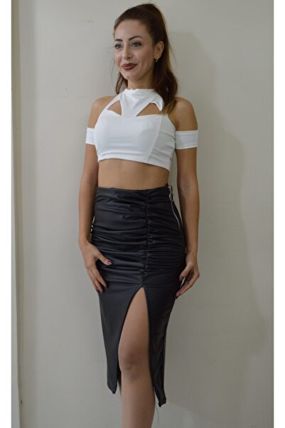 Senem's city Siyah Deri Ön Yandan Yırtmaçlı Büzgülü Yandan Fermuarlı Esnek Li...