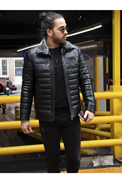 JOHN DAWID Jaguar Erkek Siyah Kürklü Hakiki Deri Mont