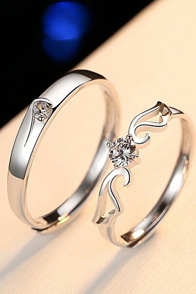 Sahira Jewelry Kadın Kanatlı Tektaş Gümüş Kaplama Ayarlanabilir Çift Alyans Y...
