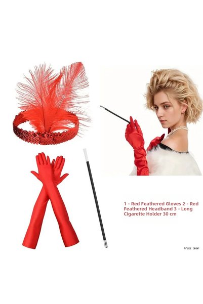 ZERO LAND Ilkestor 1920S Style Red Feather Headband, Red Patent Leather Glove...