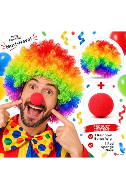 ZERO LAND Ilkestor Colorful Rainbow Afro Bonus Wig and Red Color Sponge Nose ...