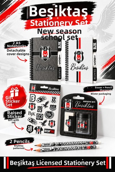 Beşiktaş Licensed 2-Piece Pencil Set with Pencil Sharpener and Eraser, Sticke...