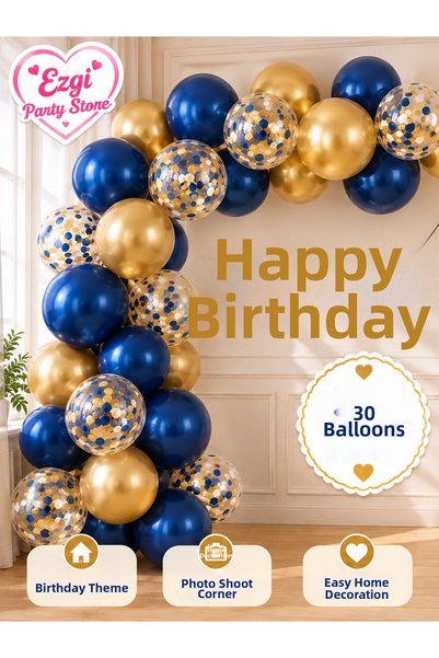Ezgi Party Store Metallic Dark Blue Gold Transparent Balloon Chain Set Happy ...