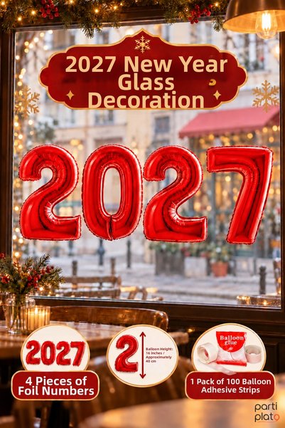 Marlon Balon 2027 New Year 4 Pieces Foil Number Balloon Set Red 16 Inch Glass...