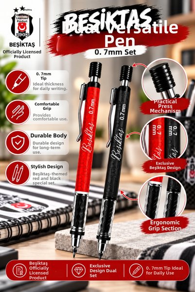 Beşiktaş Licensed Versatil Pen 0.7 mm Set of 2 Double Tip Pen School Stationery