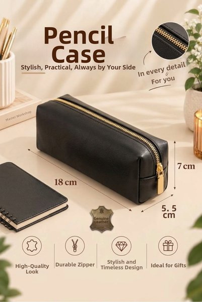 RONYA LEATHER Genuine Leather Zippered Pen Holder with Keychain as a Gift