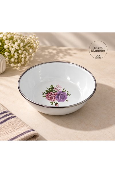 Zarif İnci Enamel Custard Dish Breakfast Plate 16 cm Patterned Plate 12 Pcs, Deep Plate, Salad Plate, Chips Bowl