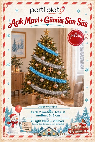 Parti Plato Light Blue and Silver Glitter Ornament 4 Pieces 2 Meters Total 8 ...