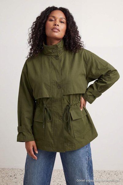 Trendyol Collection Khaki Tie-Waist High-Neck Oversize Midi Trench Coat Twoaw...