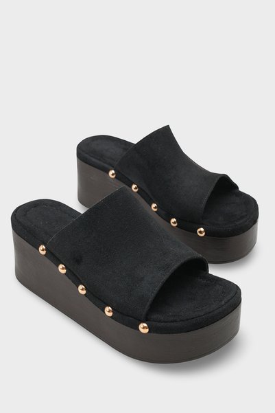 Capone Outfitters Rina Suede Stone Detailed Wedge Heel Daily Women's Slippers