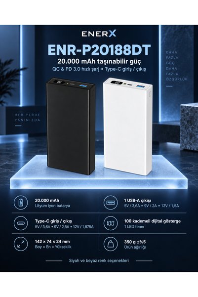 ENERX Powerbank 20000 Mah 2.1 Amper Dijital Göstergeli Enr-p20188dc Beyaz